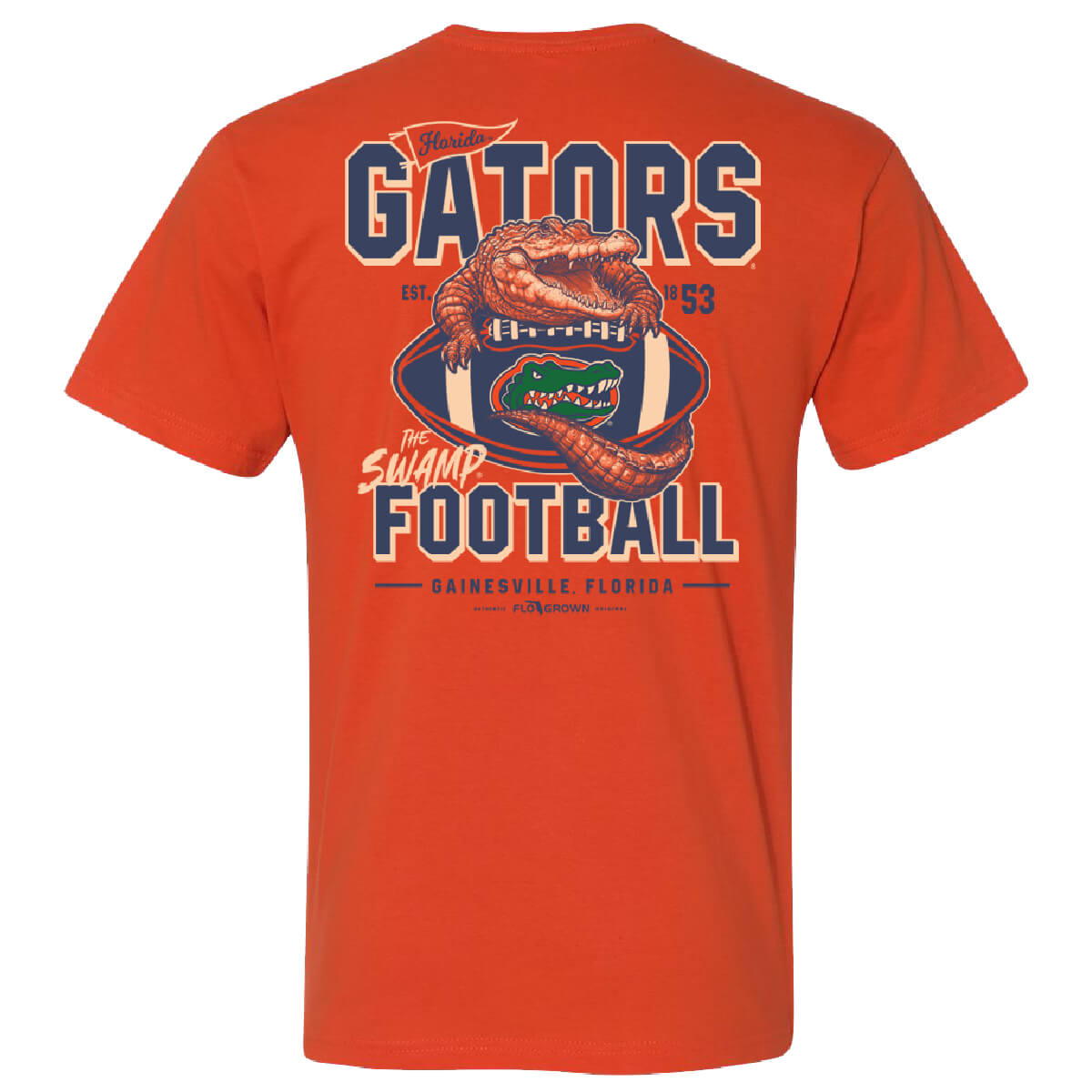 Orange Florida Gators tee with a graphic of a gator wrapped around a football with the text 'GATORS FOOTBALL' on the back.