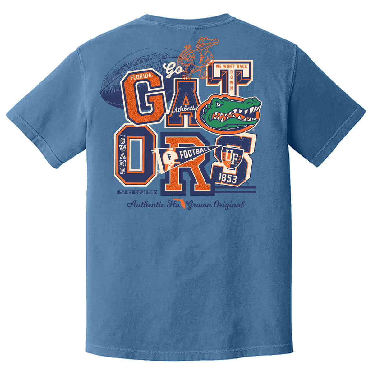 Blue shirt with the text 'GATORS' spelled out with football themed objects and the Florida Gators logo on the back.