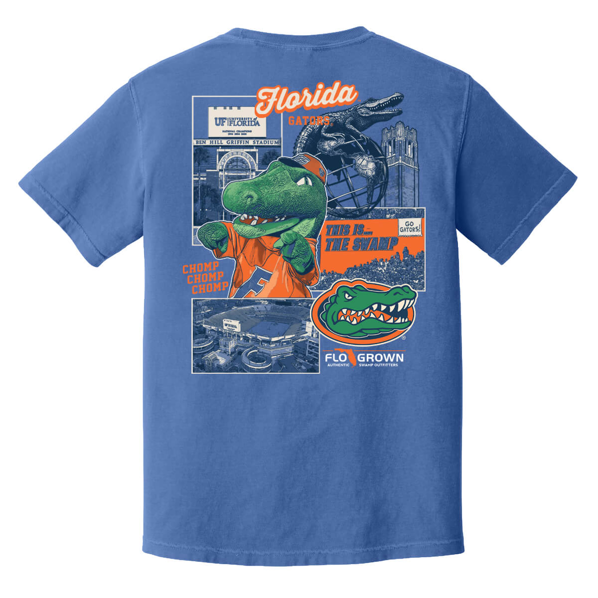 Blue tee with the Florida Gators mascot on the back and a panel design of different depictions of the campus.