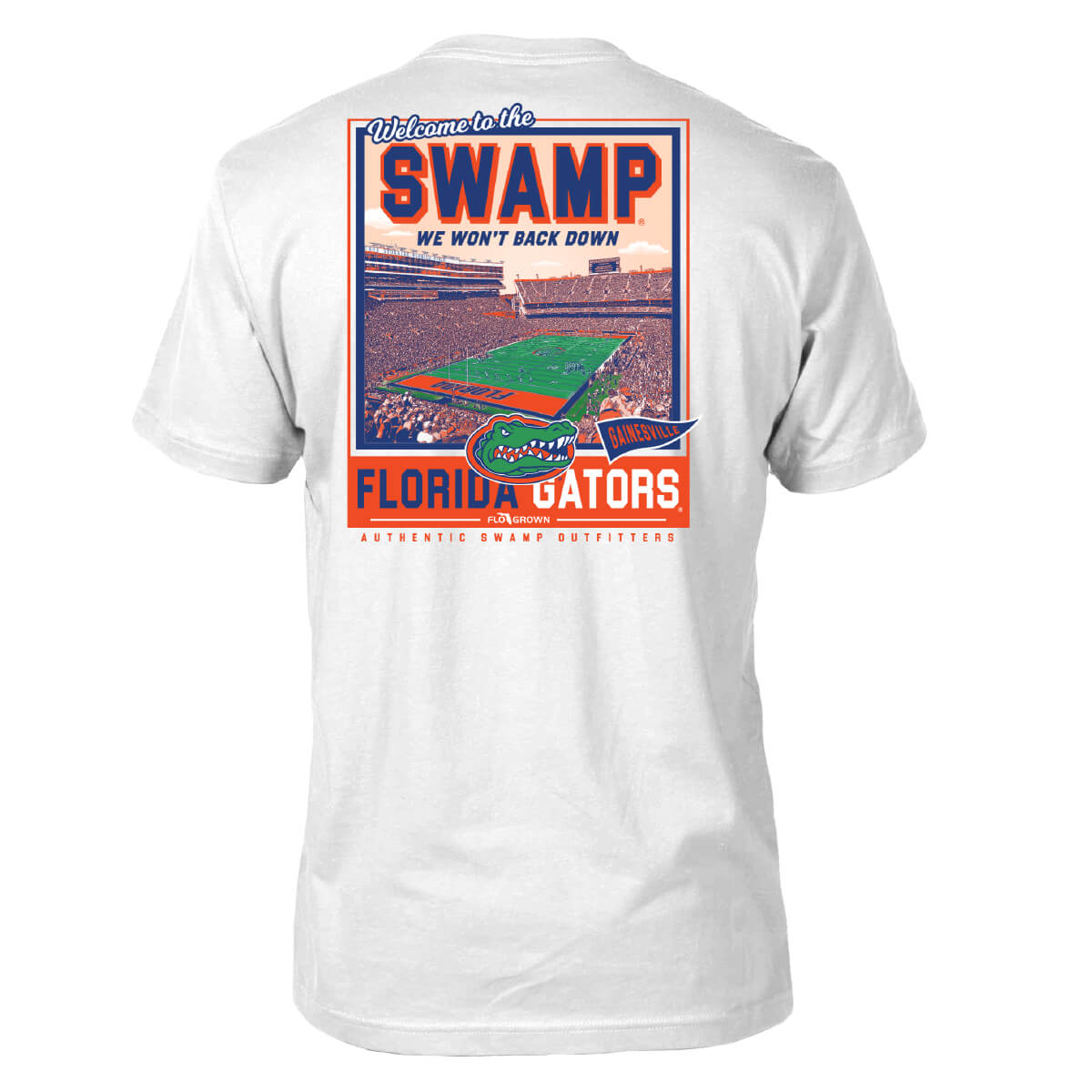 White tee with a poster graphic of the Florida Gators stadium with text 'WELCOME TO THE SWAMP WE WON'T BACK DOWN'.