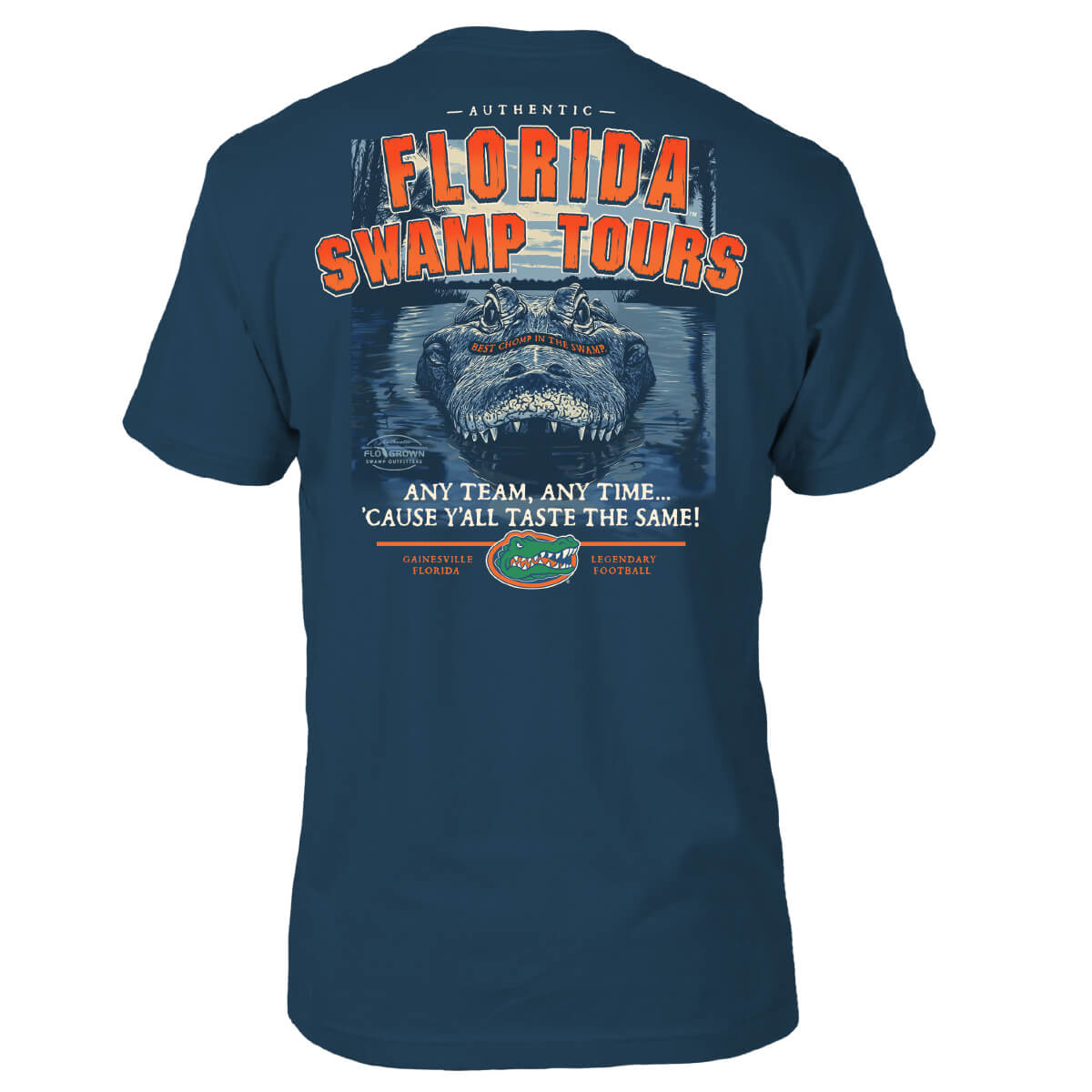 Blue tee with a graphic of a gator in the water and the text 'FLORIDA SWAMP TOURS'.