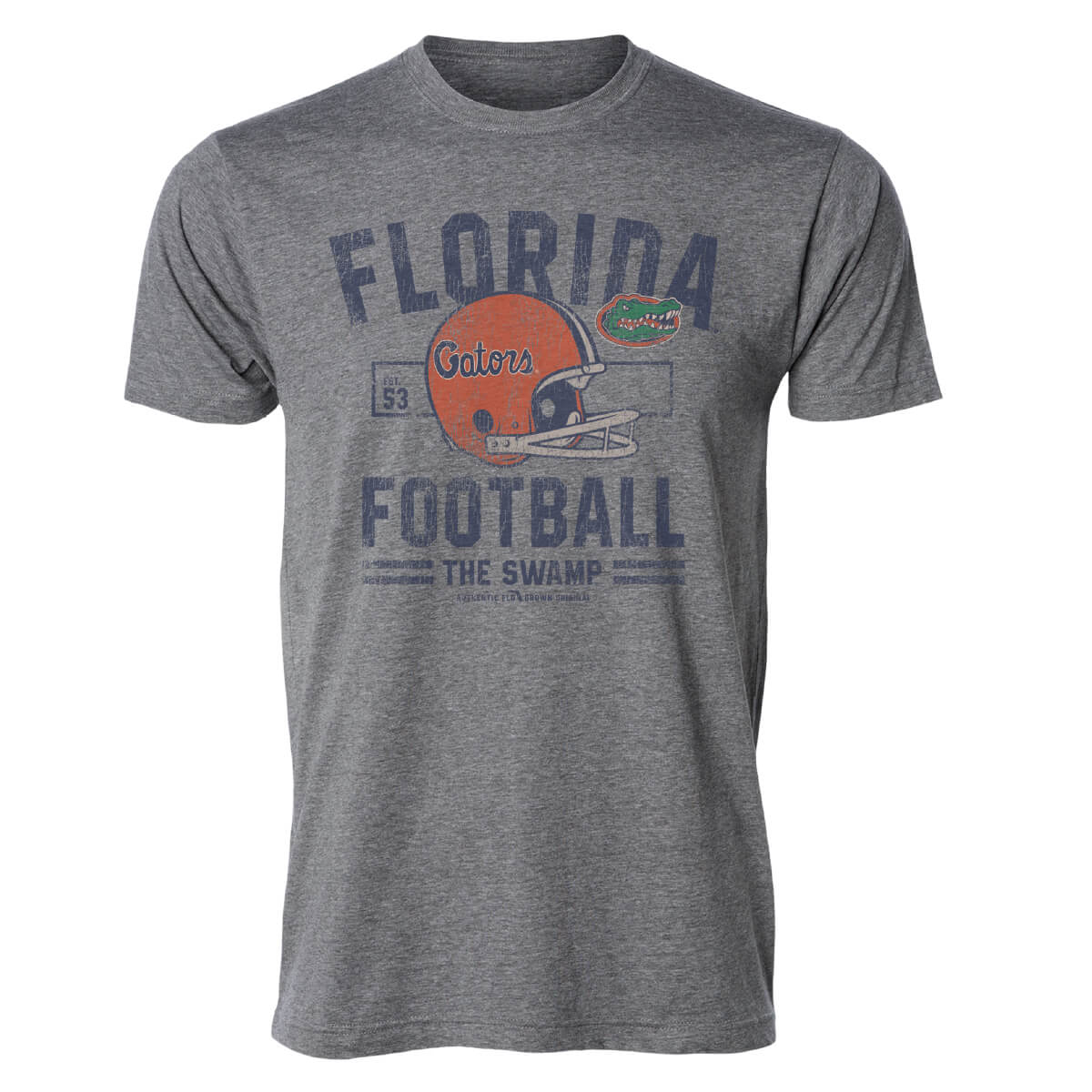 Heather gray Florida Gators tee with a vintage design of a helmet and the text 'FLORIDA FOOTBALL' on the front.