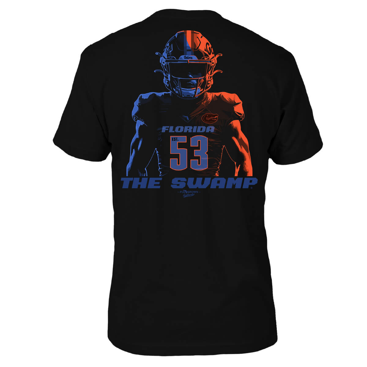 Black shirt with a graphic of a football player in blue and orange with text 'FLORIDA EST. 53 THE SWAMP' on the back.