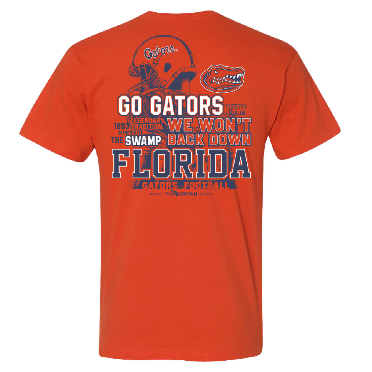 Orange shirt with different football text over a football player with 'GATORS' on the helmet.