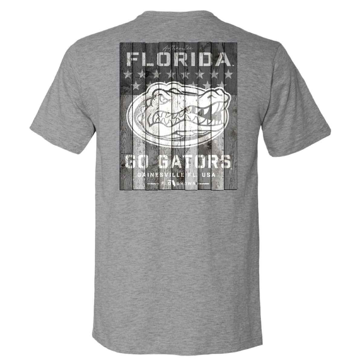 Gray tee with a graphic of a vertical US flag made of wood with the Florida Gators logo printed in the center.
