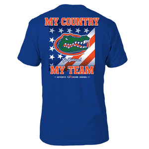 Blue tee with a USA flag on the back and the UF logo over it with text 'MY COUNTRY MY TEAM'.