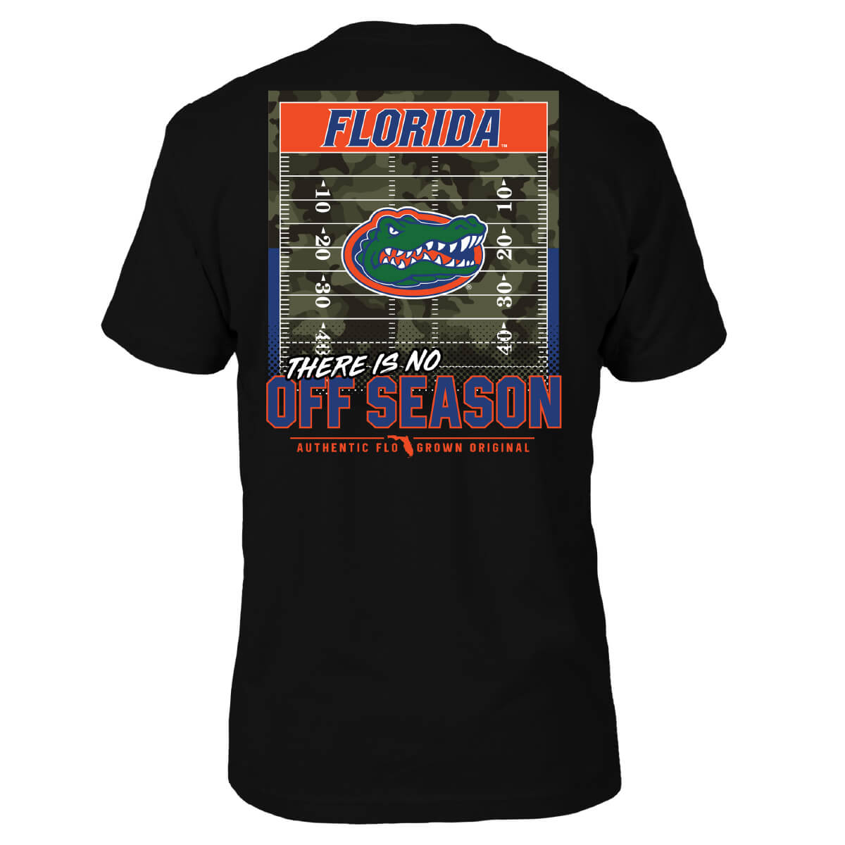 Black shirt with a graphic of a football field with a camouflage background and the Florida Gators logo in the middle.