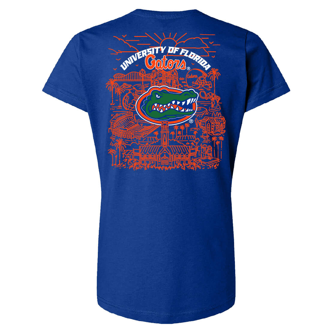 Blue women's tee with a graphic of line art showing the University of Florida campus with the Florida Gators logo in the center.