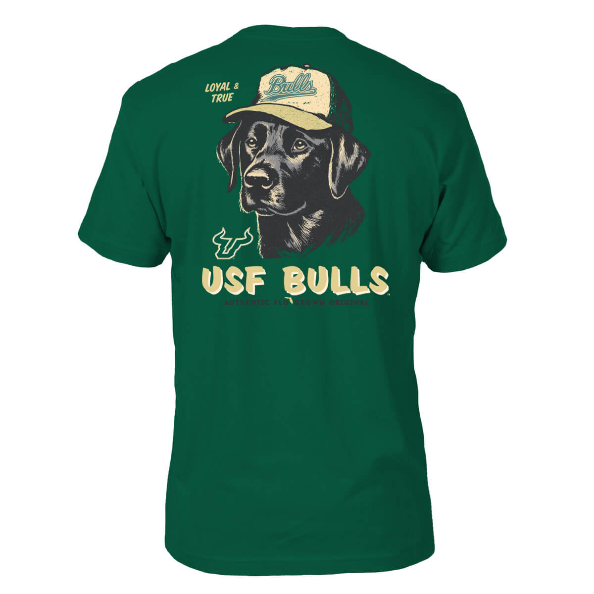 Green South Florida Bulls tee with a graphic of a dog wearing a trucker hat with the text 'Bulls' on it in a vintage style.