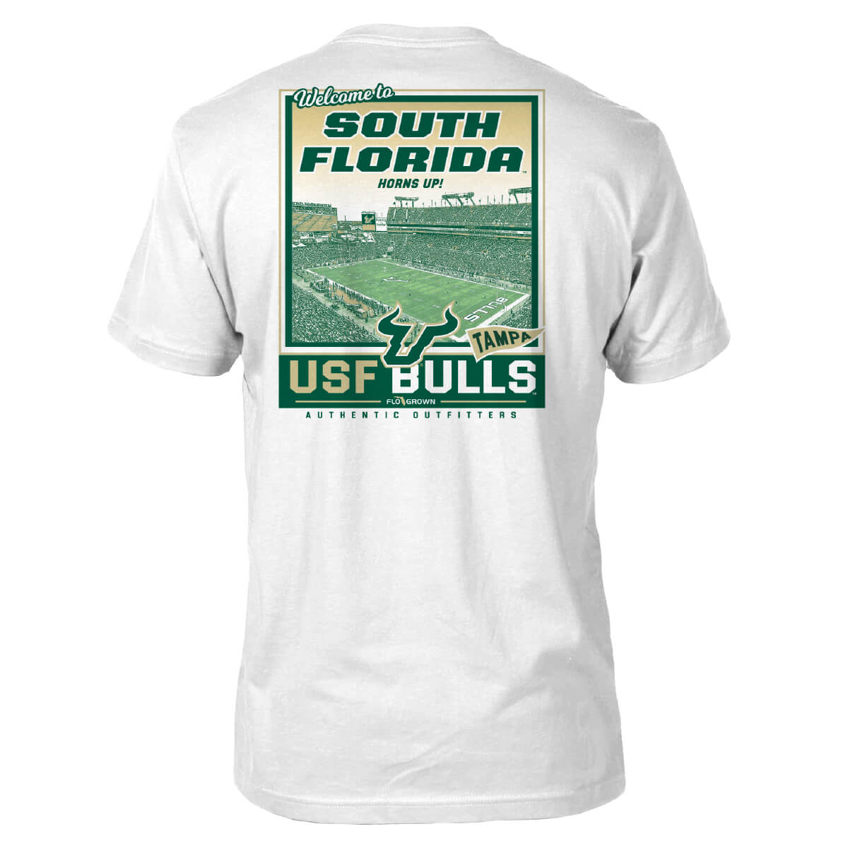 White tee with a graphic of a stadium and the text 'Welcome to South Florida' with the South Florida Bulls logo at the bottom.
