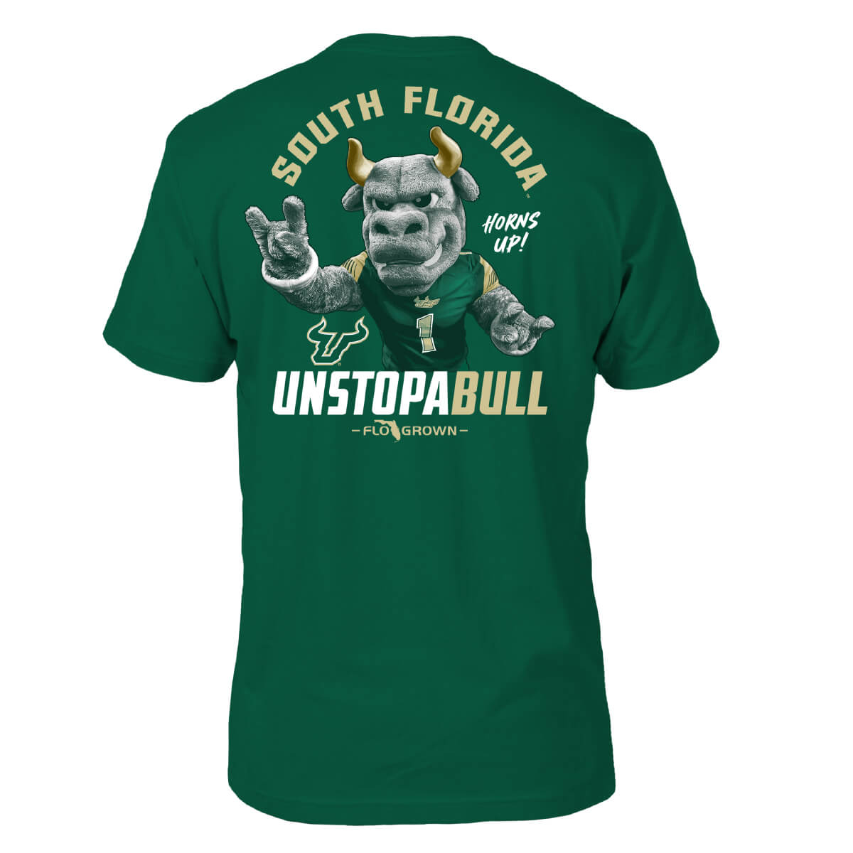 Green tee with the USF mascot on the back and text 'SOUTH FLORIDA UNSTOPABULL'.