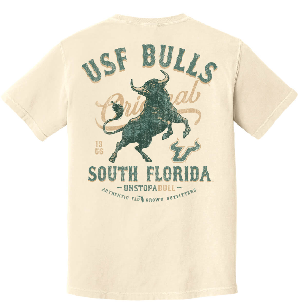 Tan tee with a green bull in the center with text 'USF BULLS SOUTH FLORIDA'.