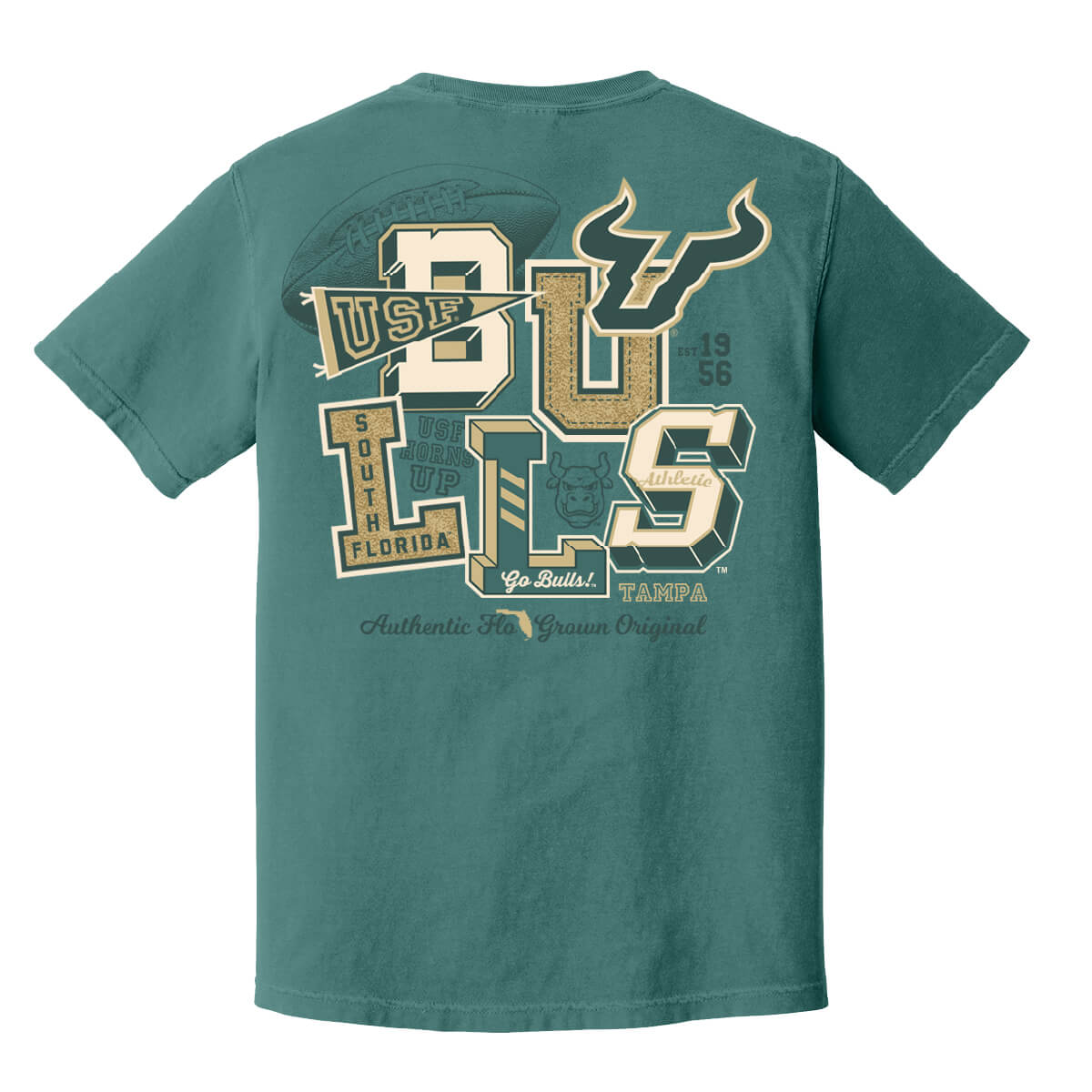 Green shirt with text 'BULLS' and various football themed images on the back.