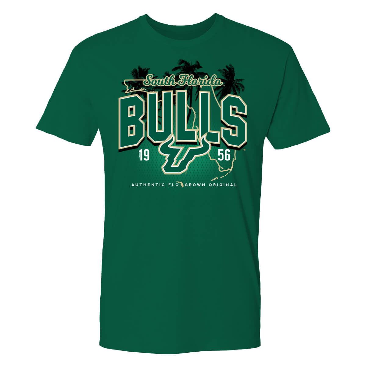 Green tee with text 'SOUTH FLORIDA BULLS' on the front with palm trees and the USF logo.