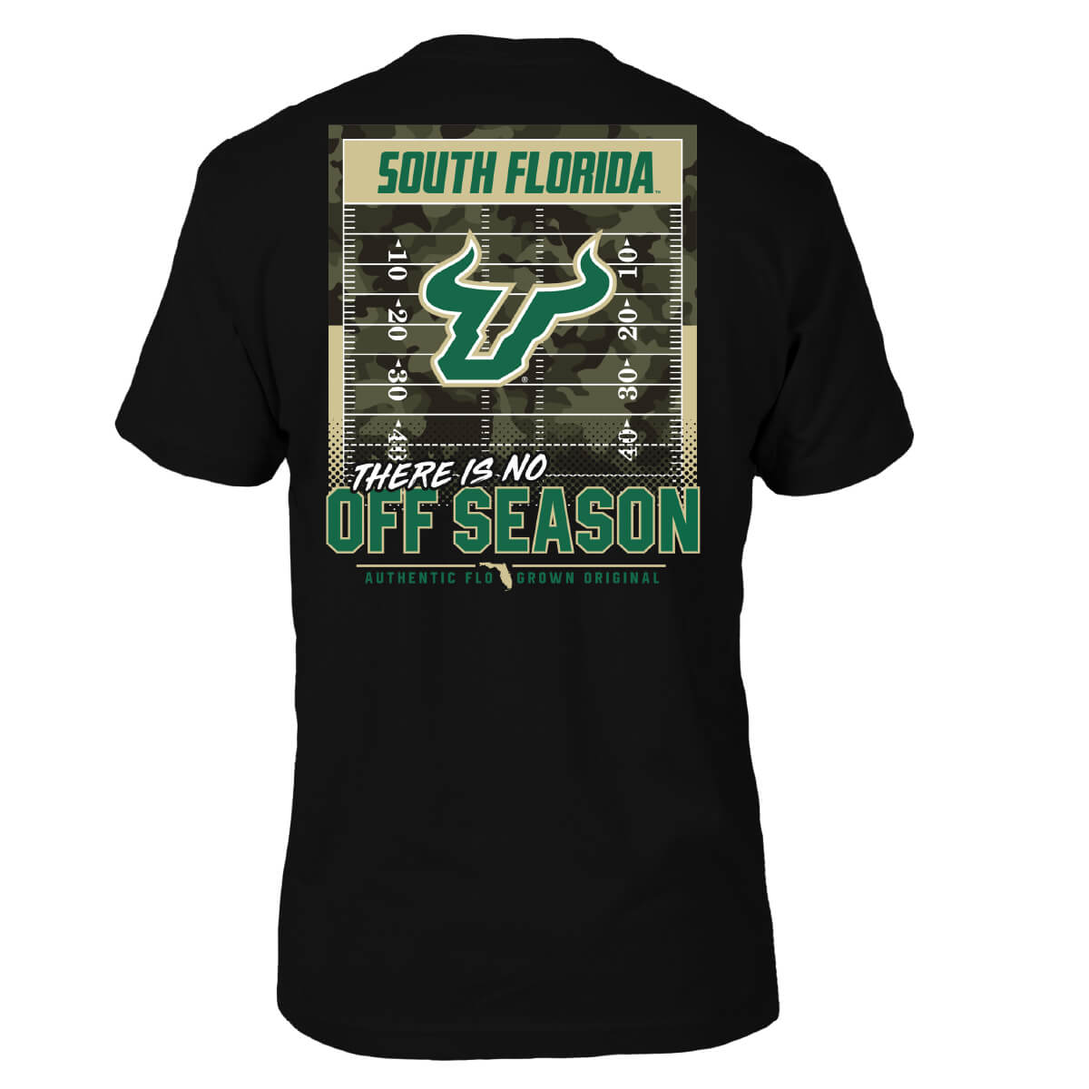 Black tee with a football field with a camo background and the text 'THERE IS NO OFF SEASON' and the USF logo on the back.