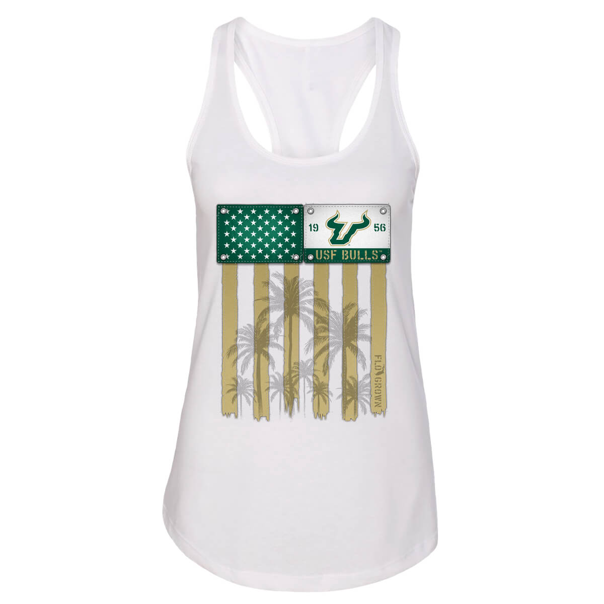 White tank top with a green and gold design featuring palm trees over a vertical American flag.
