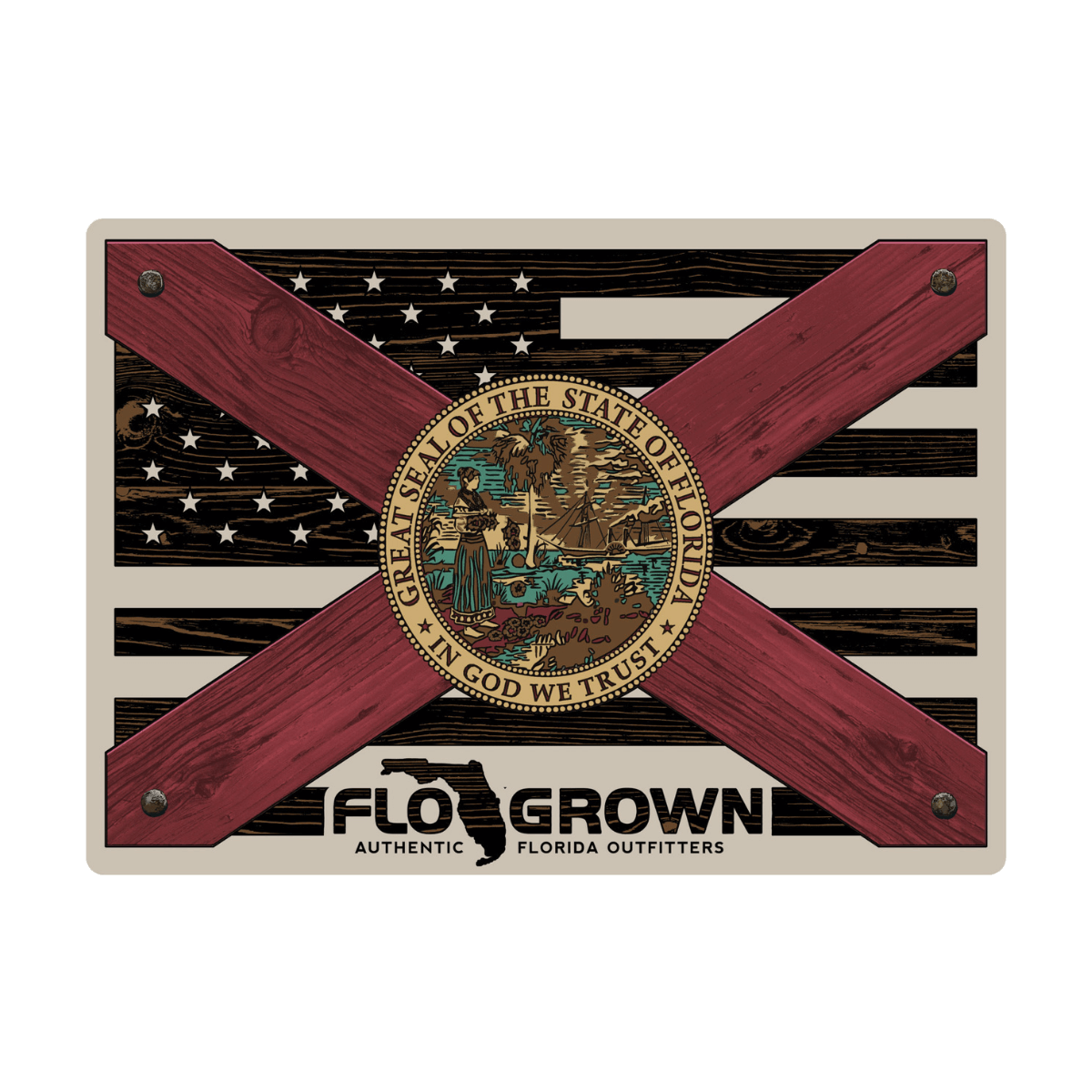 A decal featuring a mash up of the Florida flag and a black American flag made to look like wood.