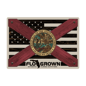 A decal featuring a mash up of the Florida flag and a black American flag made to look like wood.