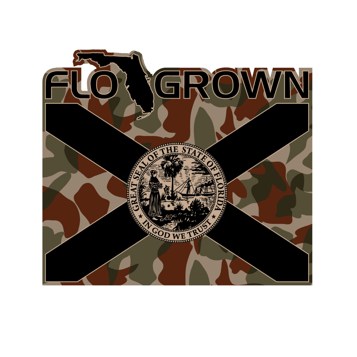 A decal of a black Florida flag over a camouflage background and the FloGrown logo.