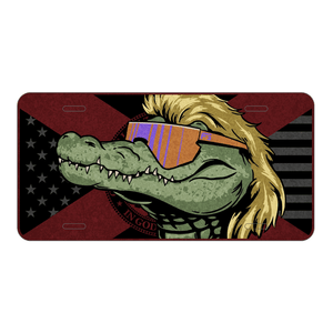 License plate with a graphic of a gator wearing sunglasses and an American flag with Florida flag mashup design.