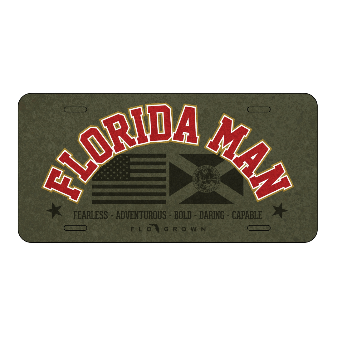 License plate with 'Florida Man' text above a USA flag and Florida flag.