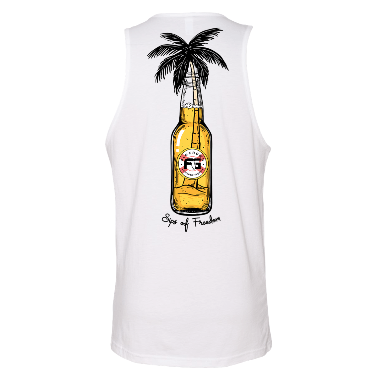 White tank top with a glass beer bottle on the back and a palm tree within it.