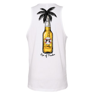 White tank top with a glass beer bottle on the back and a palm tree within it.