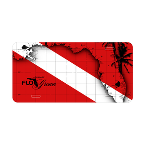 A license plate featuring the diving flag in red with white stripe and a map view of the state of Florida.