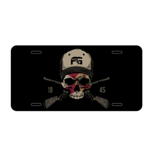Black license plate with a graphic of a skull with a Florida flag over the face, wearing a trucker hat and two rifles crossed behind it.