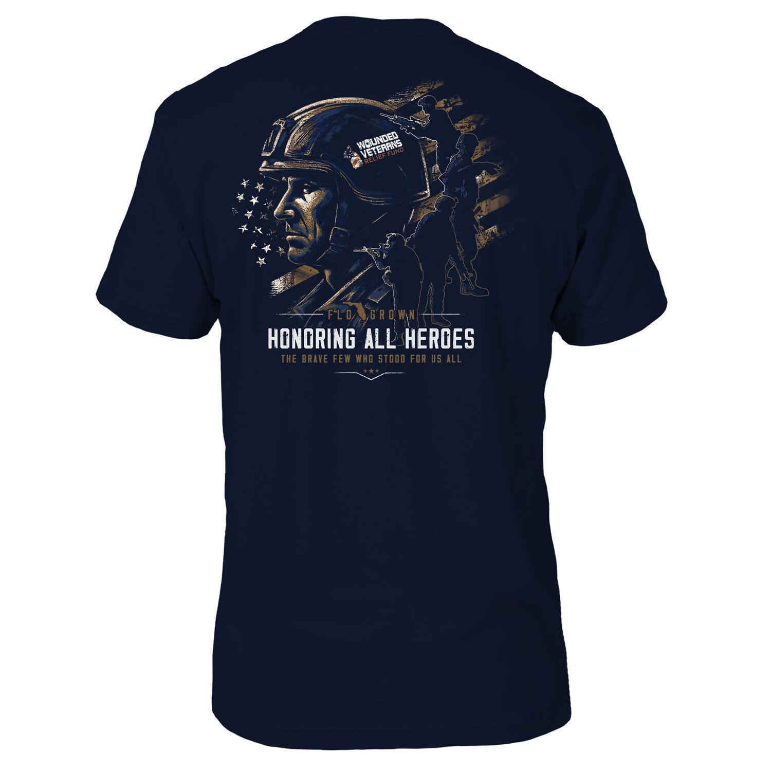 Navy tee with a graphic of soldiers over the American flag with text 'HONORING ALL HEROES' on the back.