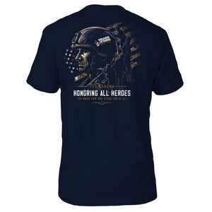 Navy tee with a graphic of soldiers over the American flag with text 'HONORING ALL HEROES' on the back.