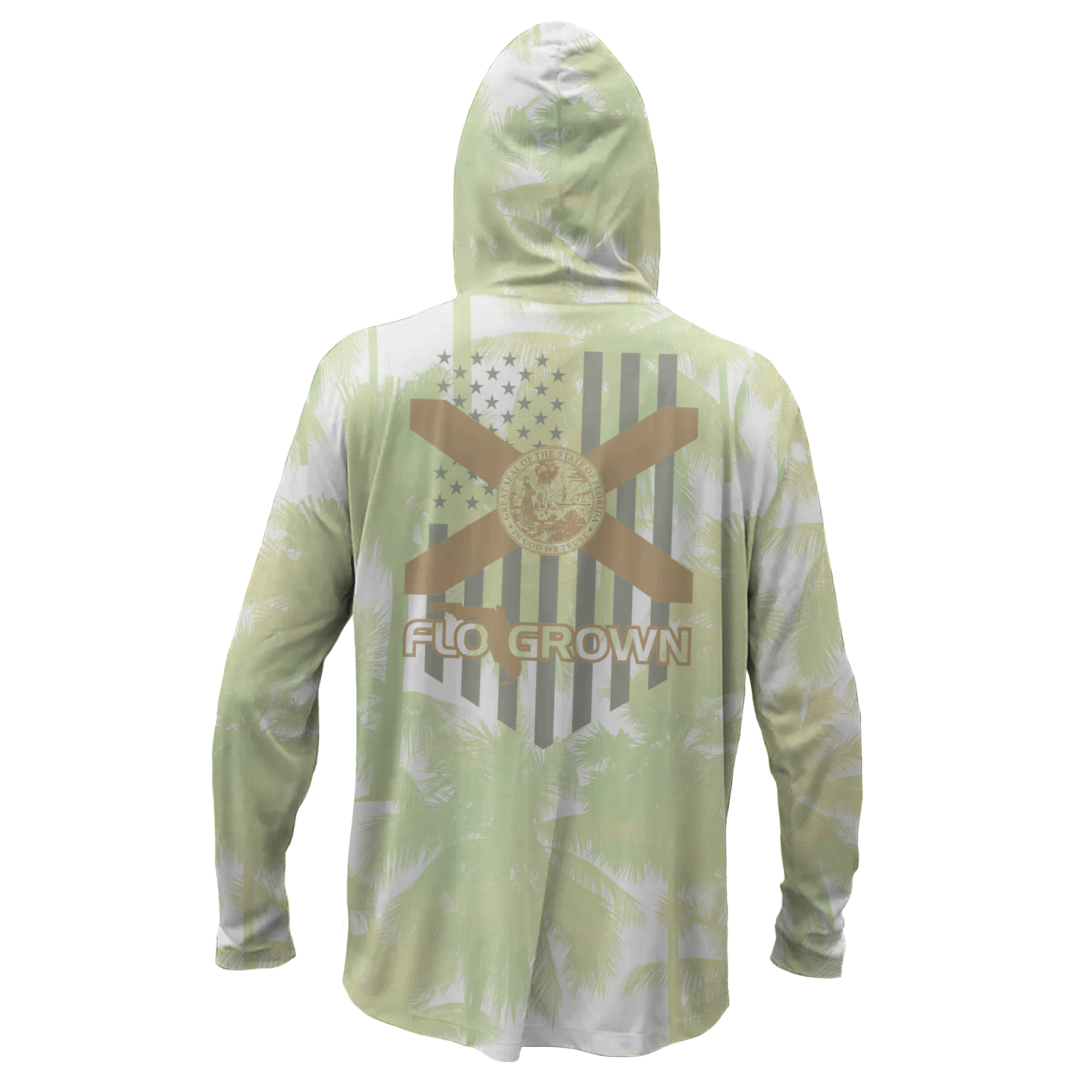 The back view of a long-sleeve hooded shirt with a light green and white tropical palm tree pattern, featuring a large graphic on the back with a gold and gray American flag design, and a Florida flag.