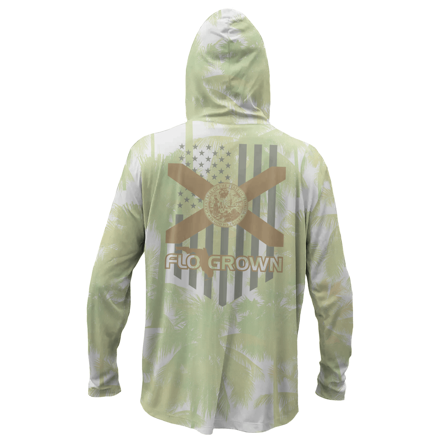 The back view of a long-sleeve hooded shirt with a light green and white tropical palm tree pattern, featuring a large graphic on the back with a gold and gray American flag design, and a Florida flag.