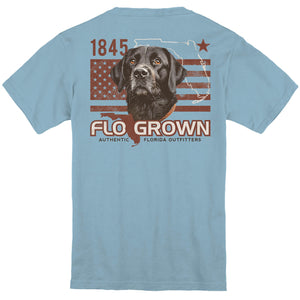 Light blue t-shirt with a graphic of a dog and American flag design on the back.