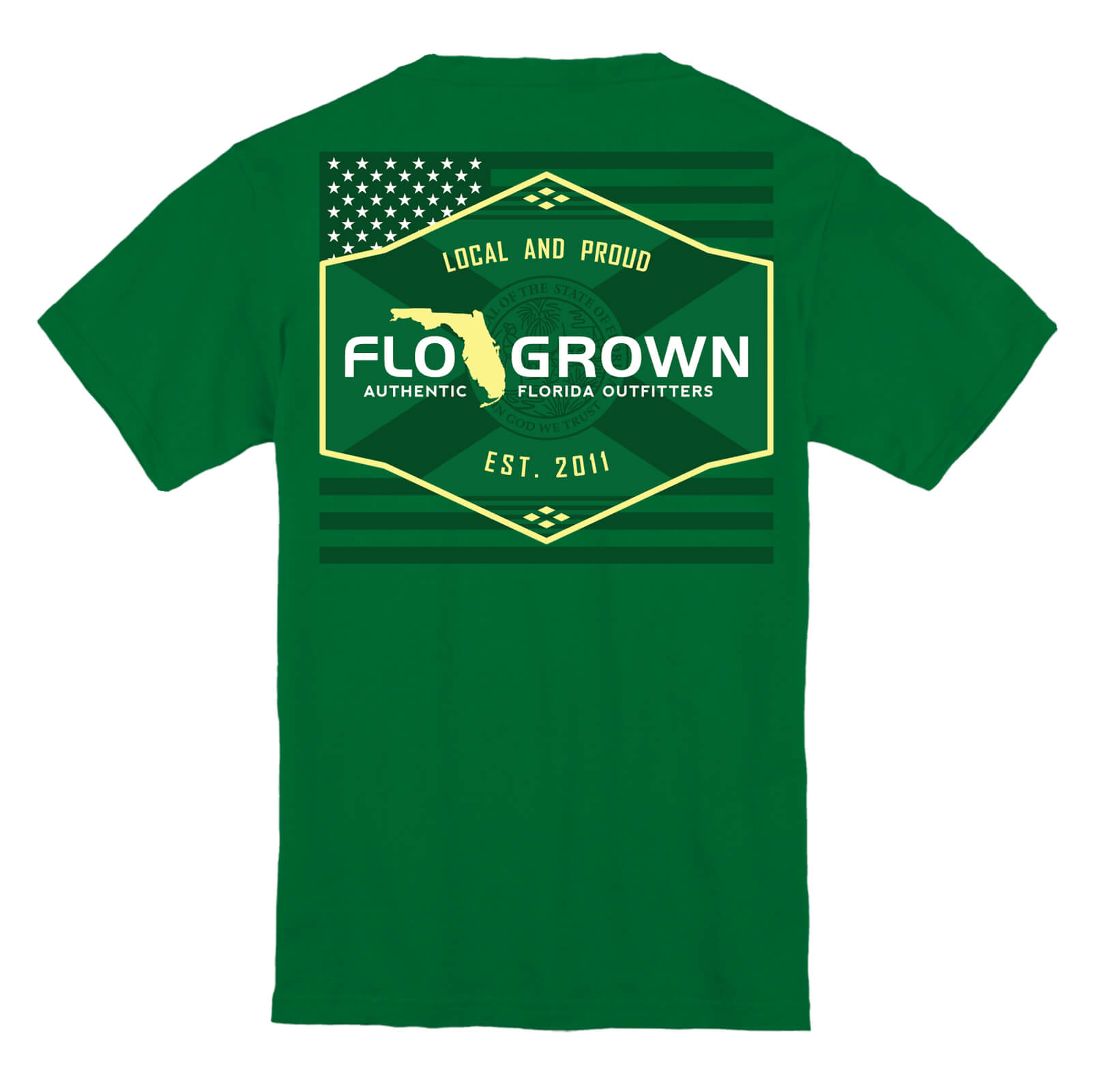 Green youth tee with a crest on the back of the Florida flag and FloGrown logo over the American flag.