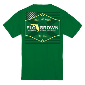 Green youth tee with a crest on the back of the Florida flag and FloGrown logo over the American flag.