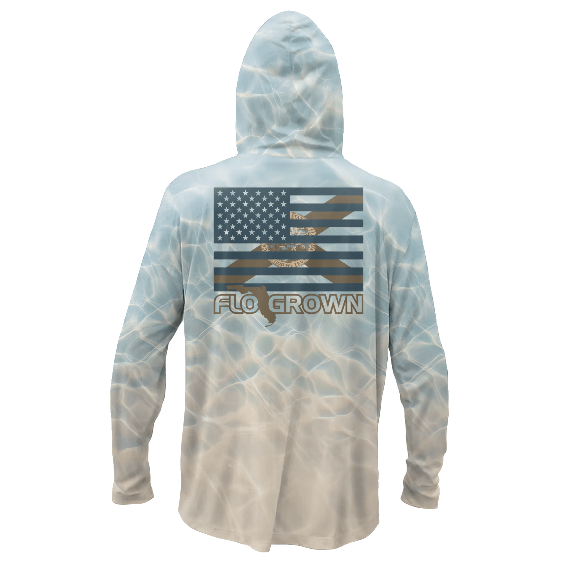 A hooded long-sleeve shirt shown from the back on a white background. The garment has a light blue and beige water-ripple print, featuring a distressed American flag graphic with the text 'FLO GROWN' across the upper back.