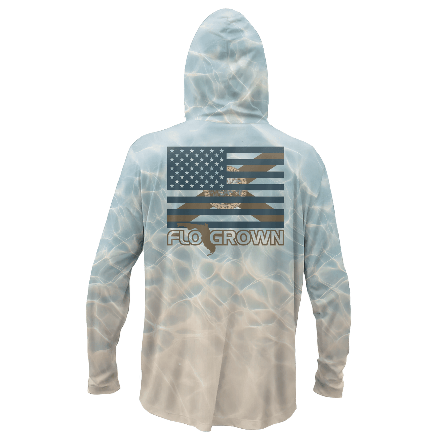 A hooded long-sleeve shirt shown from the back on a white background. The garment has a light blue and beige water-ripple print, featuring a distressed American flag graphic with the text 'FLO GROWN' across the upper back.