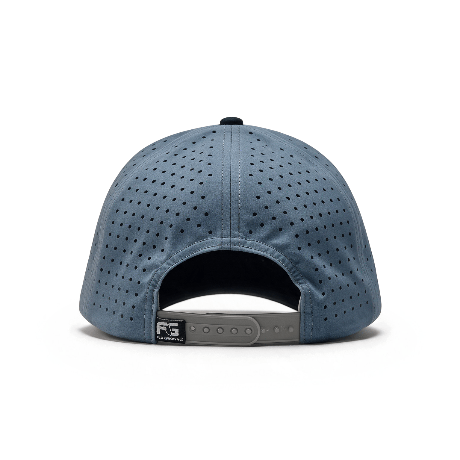 A rear view of a slate blue performance baseball cap with a perforated crown and an adjustable snapback closure, shown on a white background.