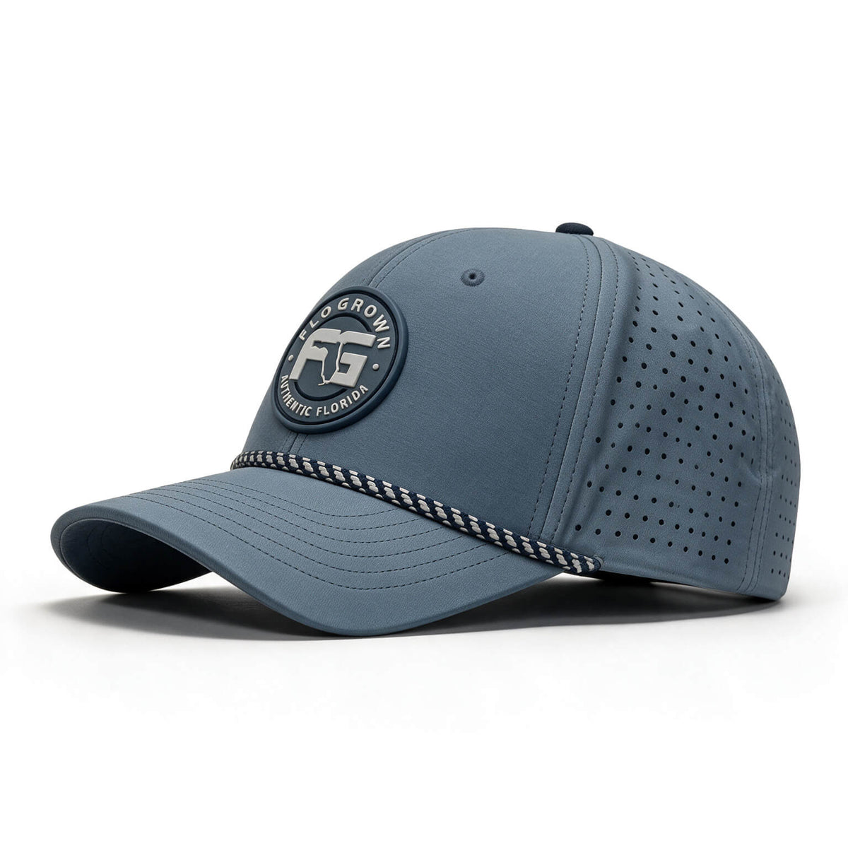 Dark blue cap with a rubber FG patch on the crown and a braided rope going across the brim with perforated backing.