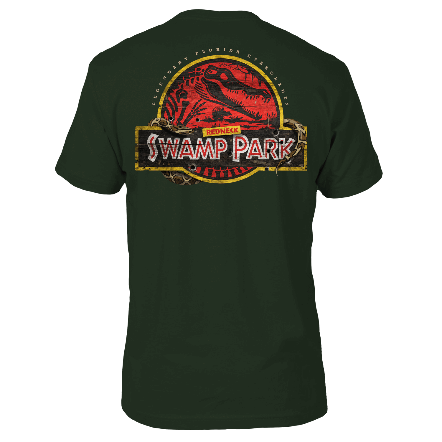 Green graphic tee with a yellow circle and a red background within with a gator skeleton and the text 'REDNECK SWAMP PARK'.
