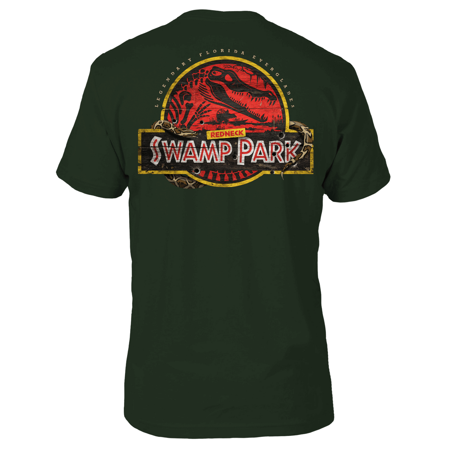 Green graphic tee with a yellow circle and a red background within with a gator skeleton and the text 'REDNECK SWAMP PARK'.