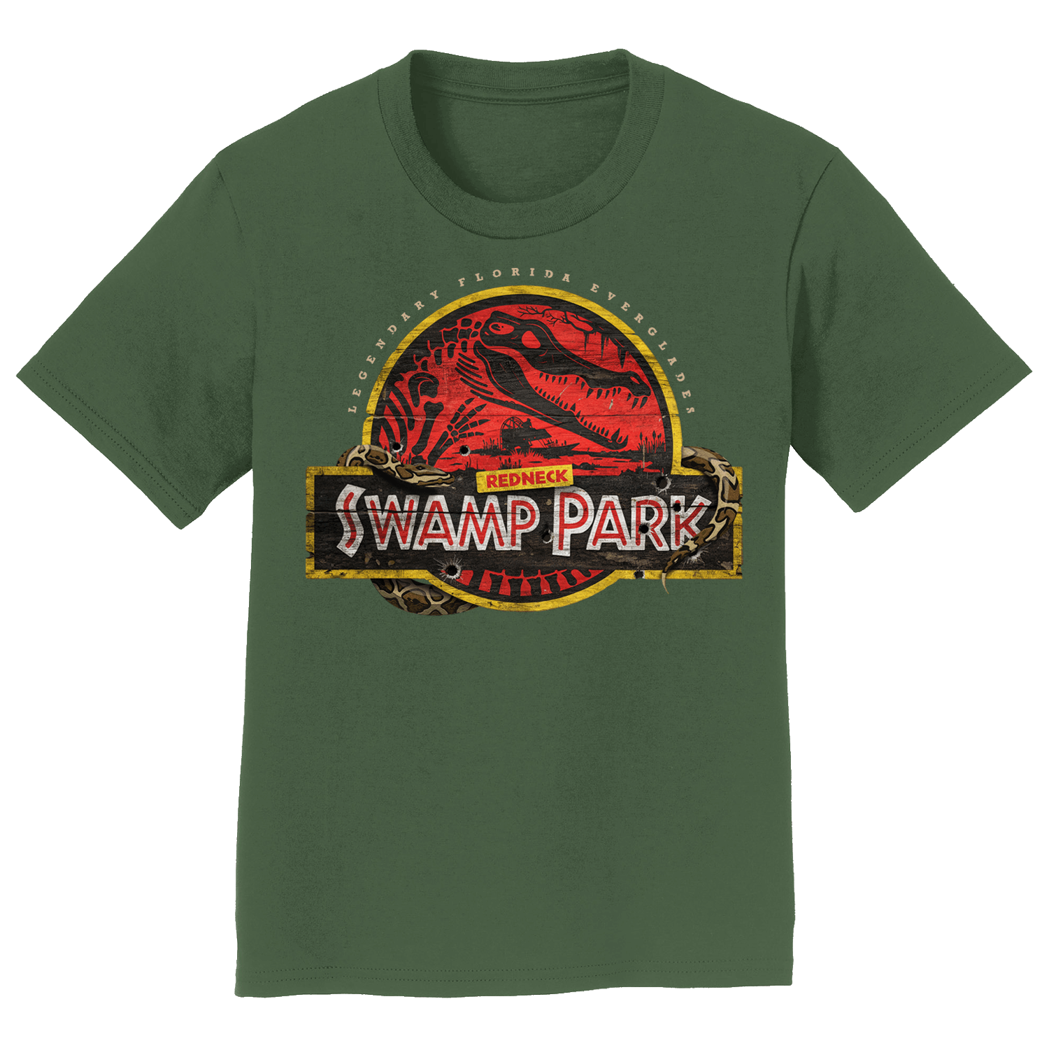 Green graphic tee with a yellow circle and a red background within with a gator skeleton and the text 'REDNECK SWAMP PARK'.