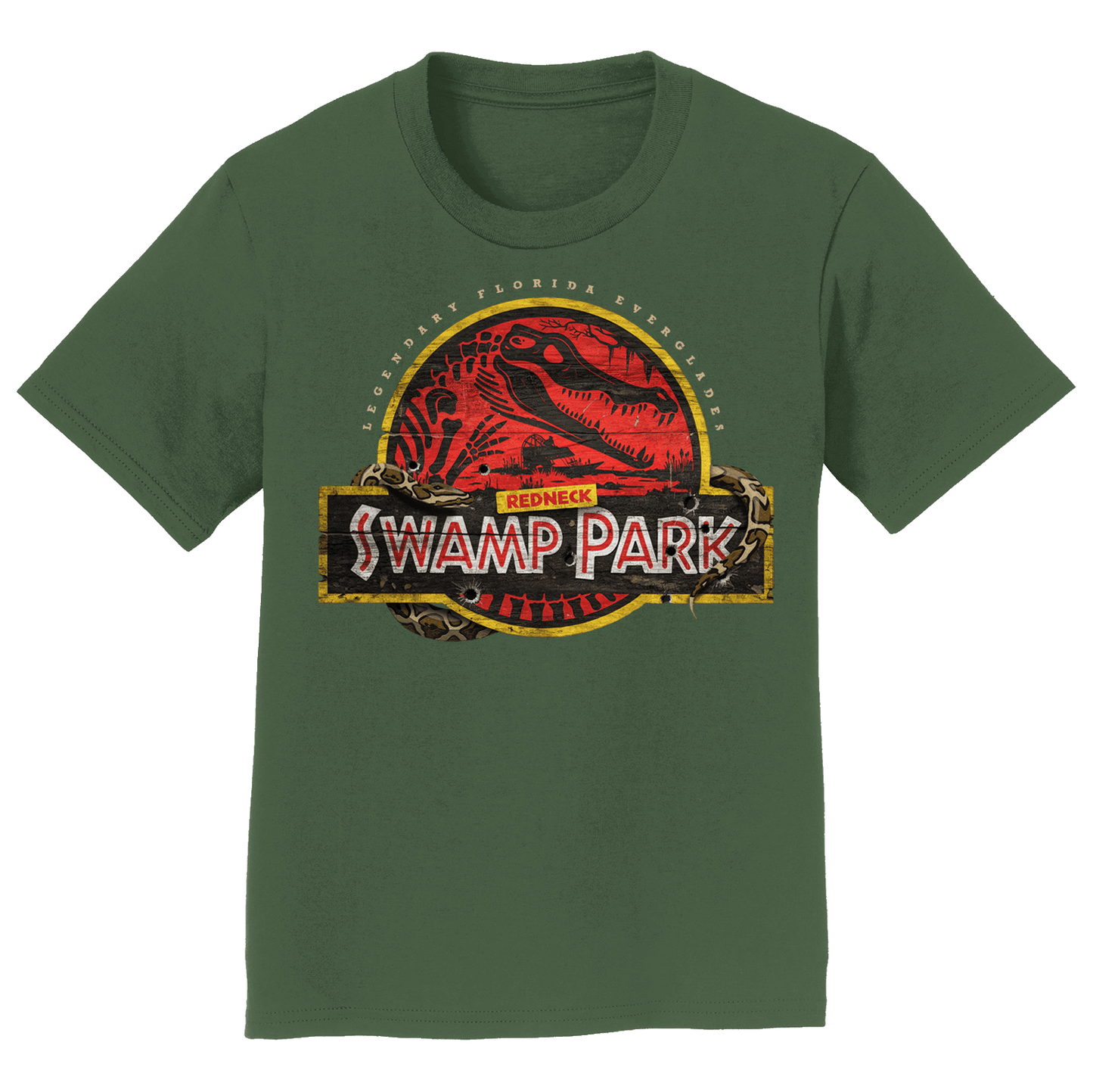 Green graphic tee with a yellow circle and a red background within with a gator skeleton and the text 'REDNECK SWAMP PARK'.