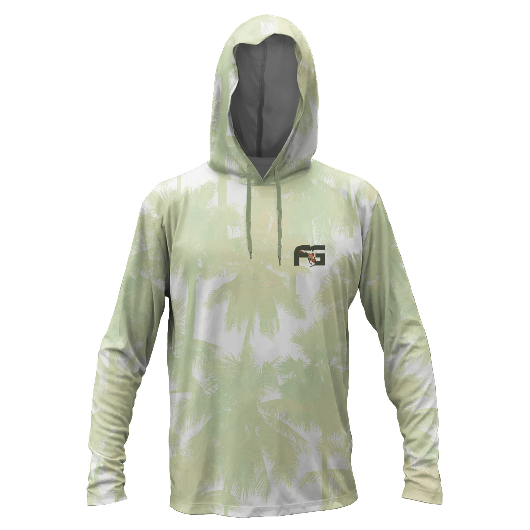 A long-sleeve hooded performance shirt with a light sage green and white palm tree pattern, featuring a black and white chest logo, shown on a white background.