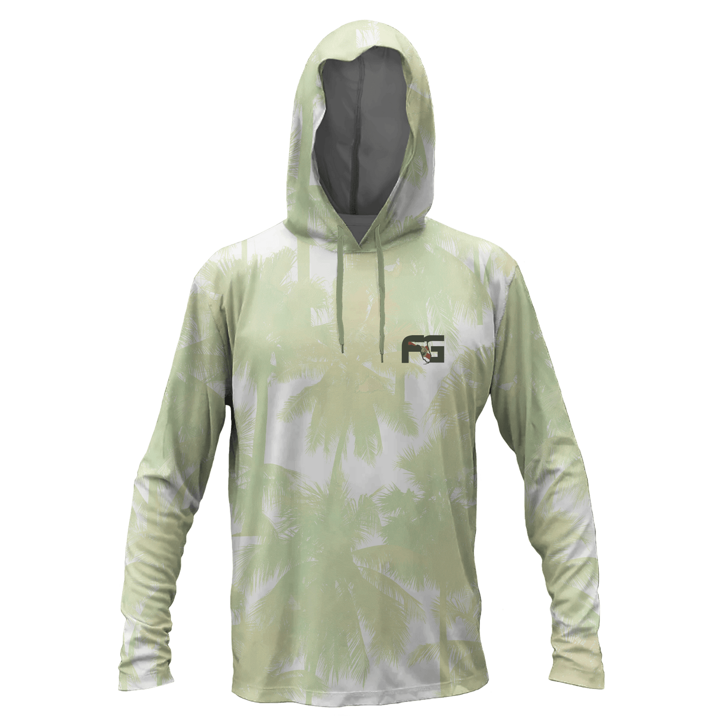 A long-sleeve hooded performance shirt with a light sage green and white palm tree pattern, featuring a black and white chest logo, shown on a white background.