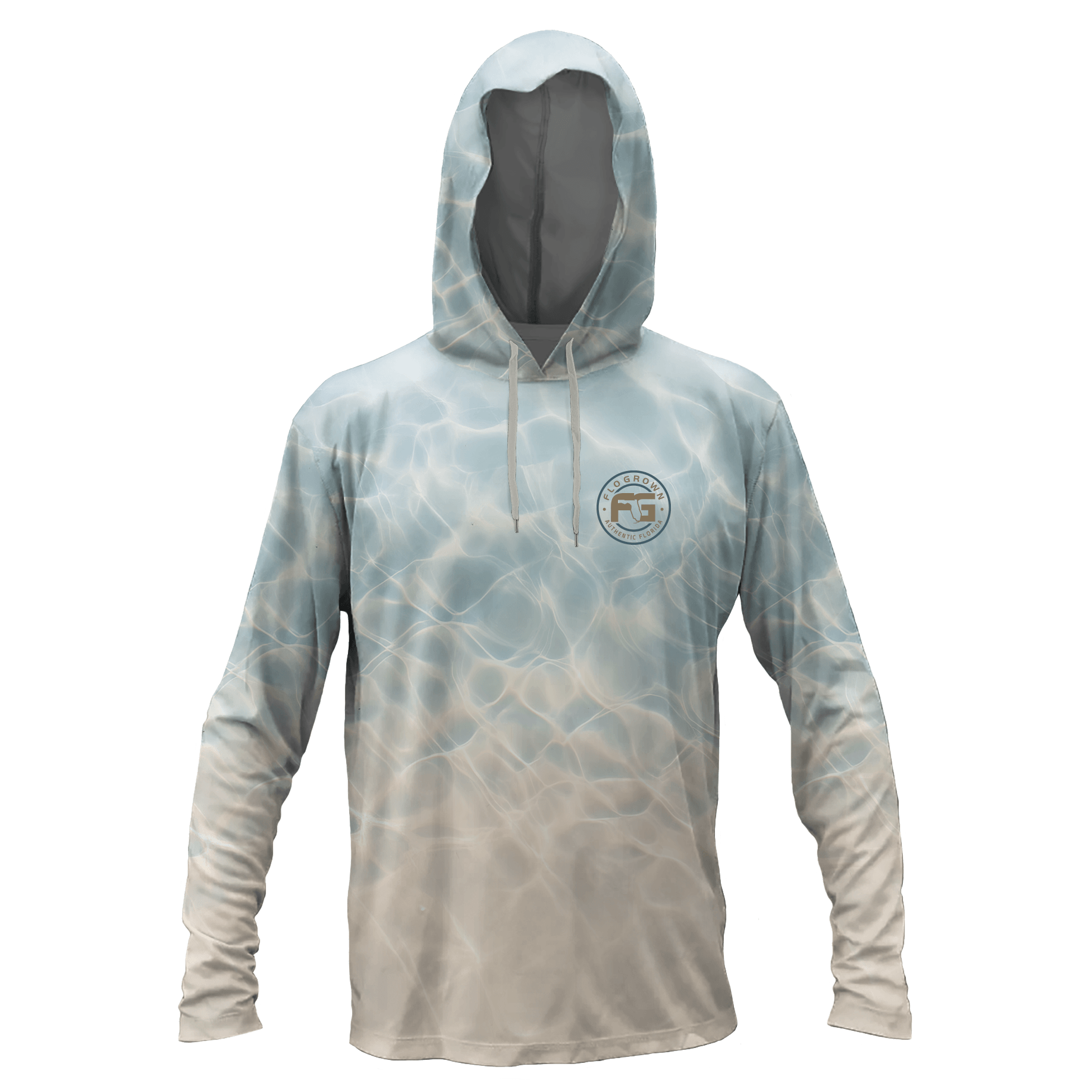 A long-sleeve hooded shirt with a light blue and beige water ripple pattern, featuring a circular logo on the left chest, shown on a plain white background.