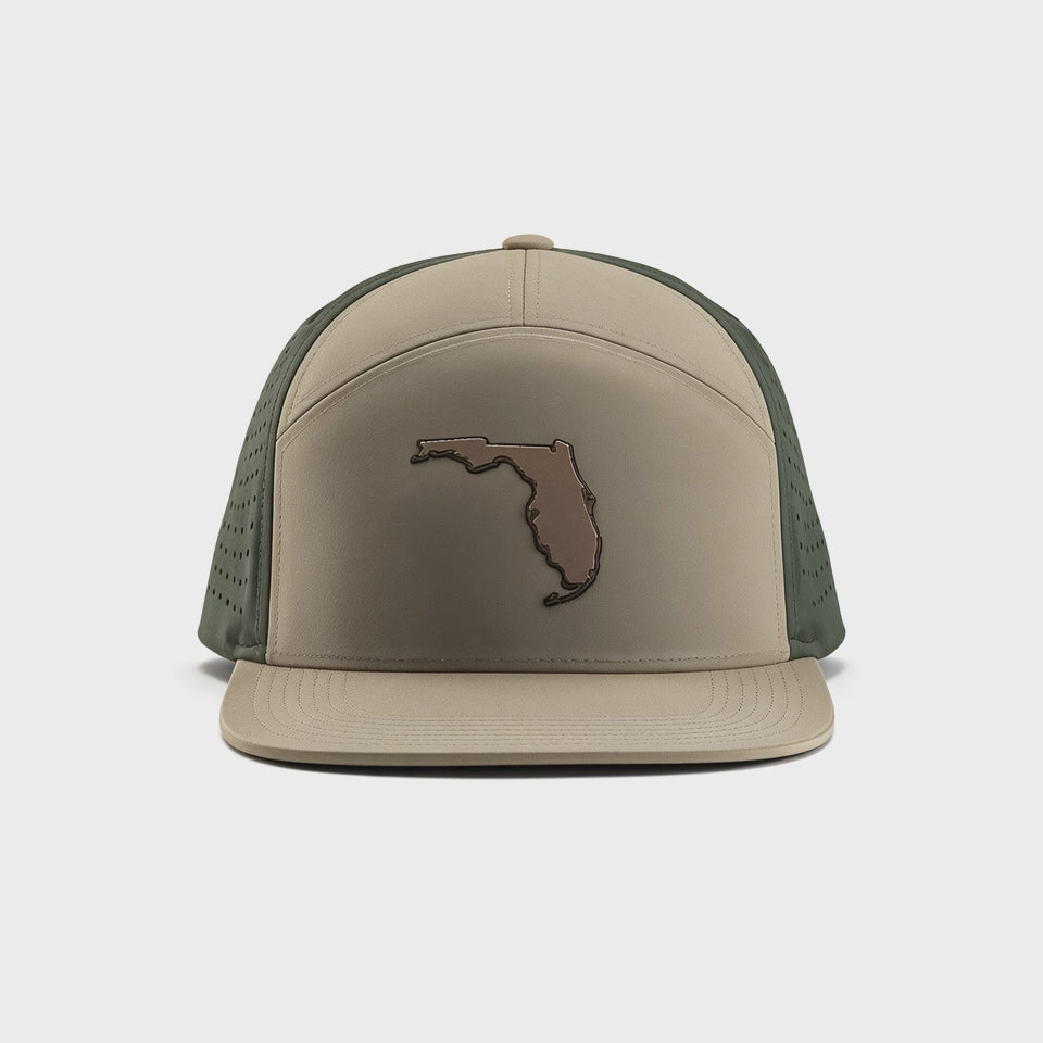 Video showing a 180 degree video of the tan crown and brim with Florida patch and green perforated backing with snapback.