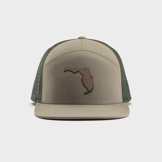 Video showing a 180 degree video of the tan crown and brim with Florida patch and green perforated backing with snapback.