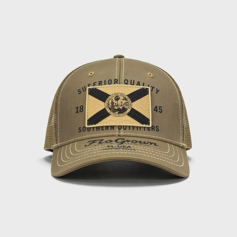 Video showing 180 degree view of the tan hat with a Florida flag patch and trucker mesh backing.